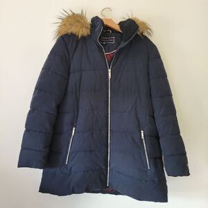 Tommy Hilfiger Navy Blue Puffer Jacket Faux Fur Trim Hood Insulated M Women's
